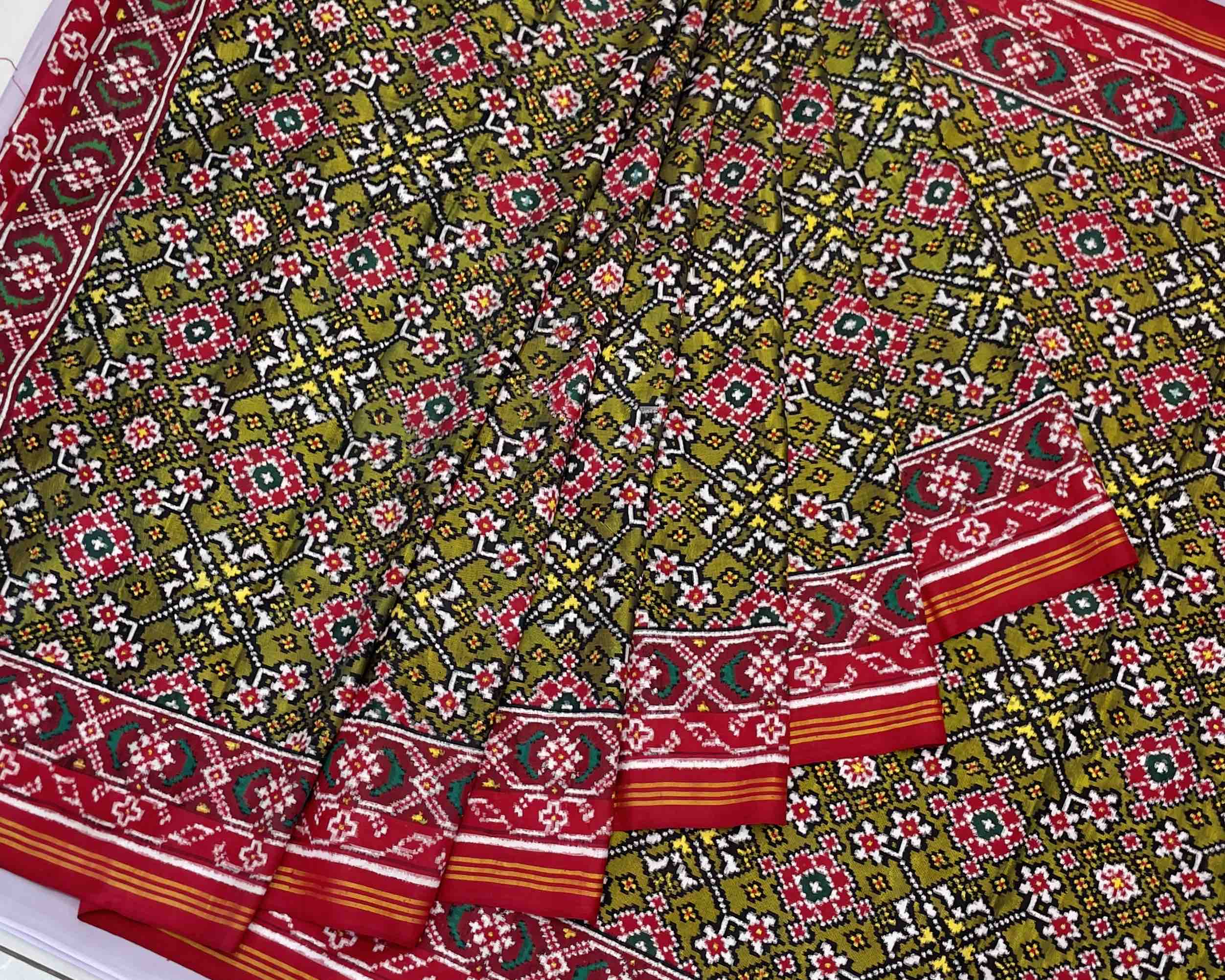 Olive Green Navratna patola Saree - SindhoiPatolaArt
