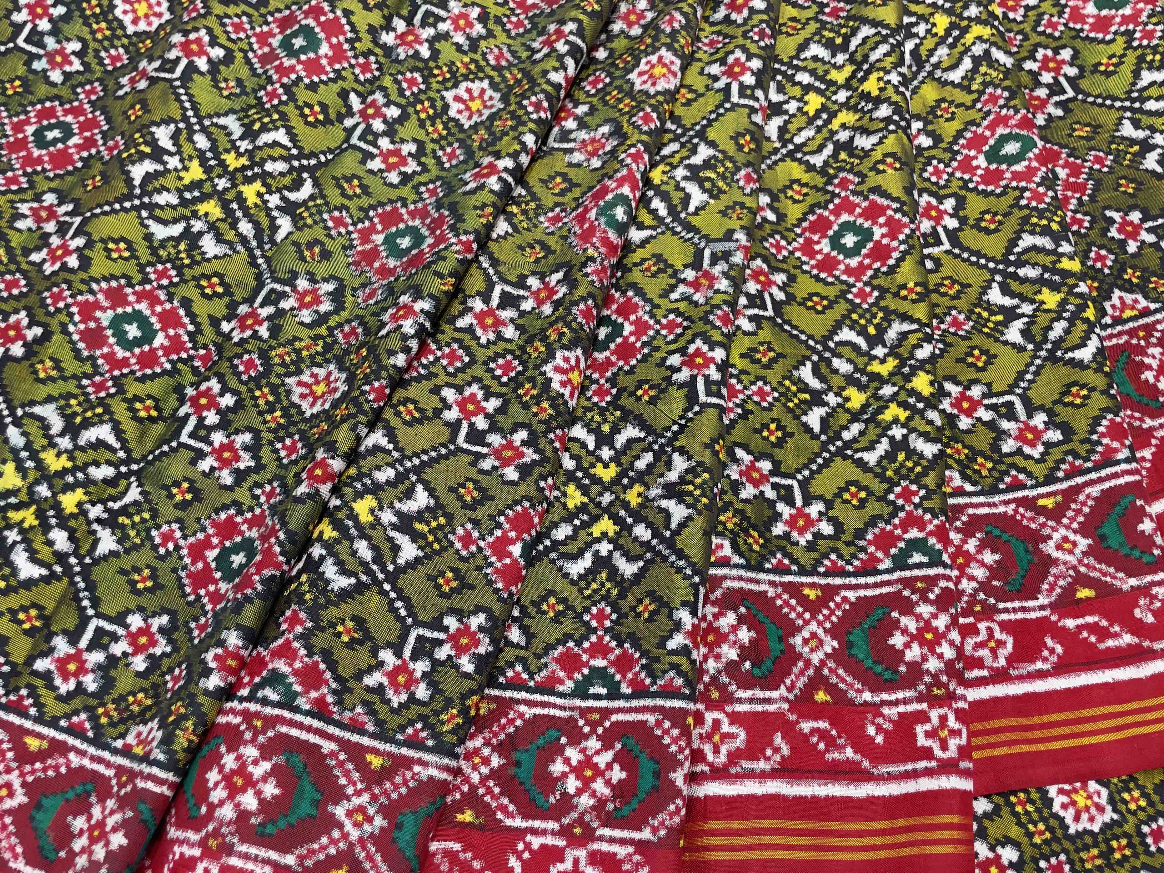 Olive Green Navratna patola Saree - SindhoiPatolaArt