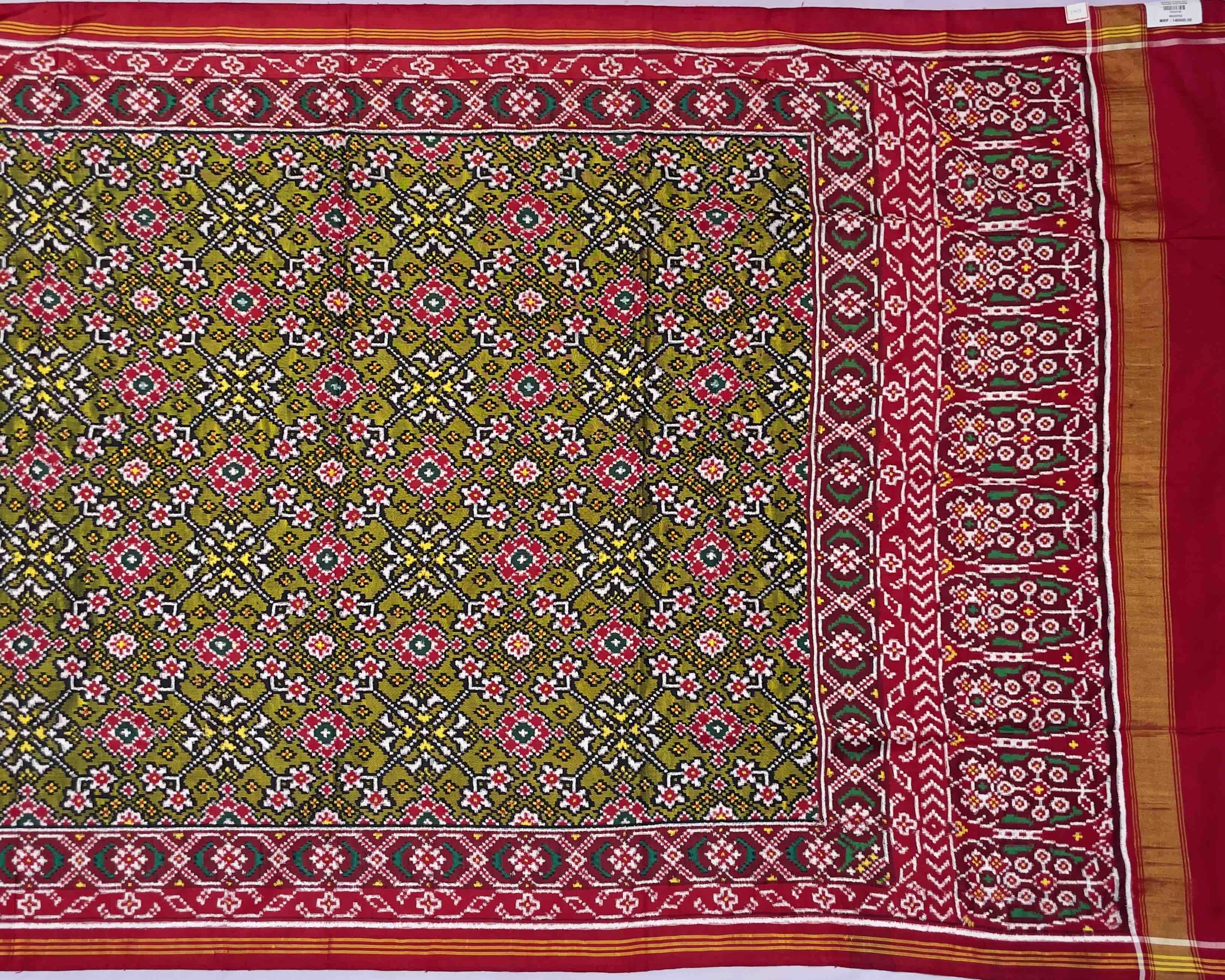 Olive Green Navratna patola Saree - SindhoiPatolaArt