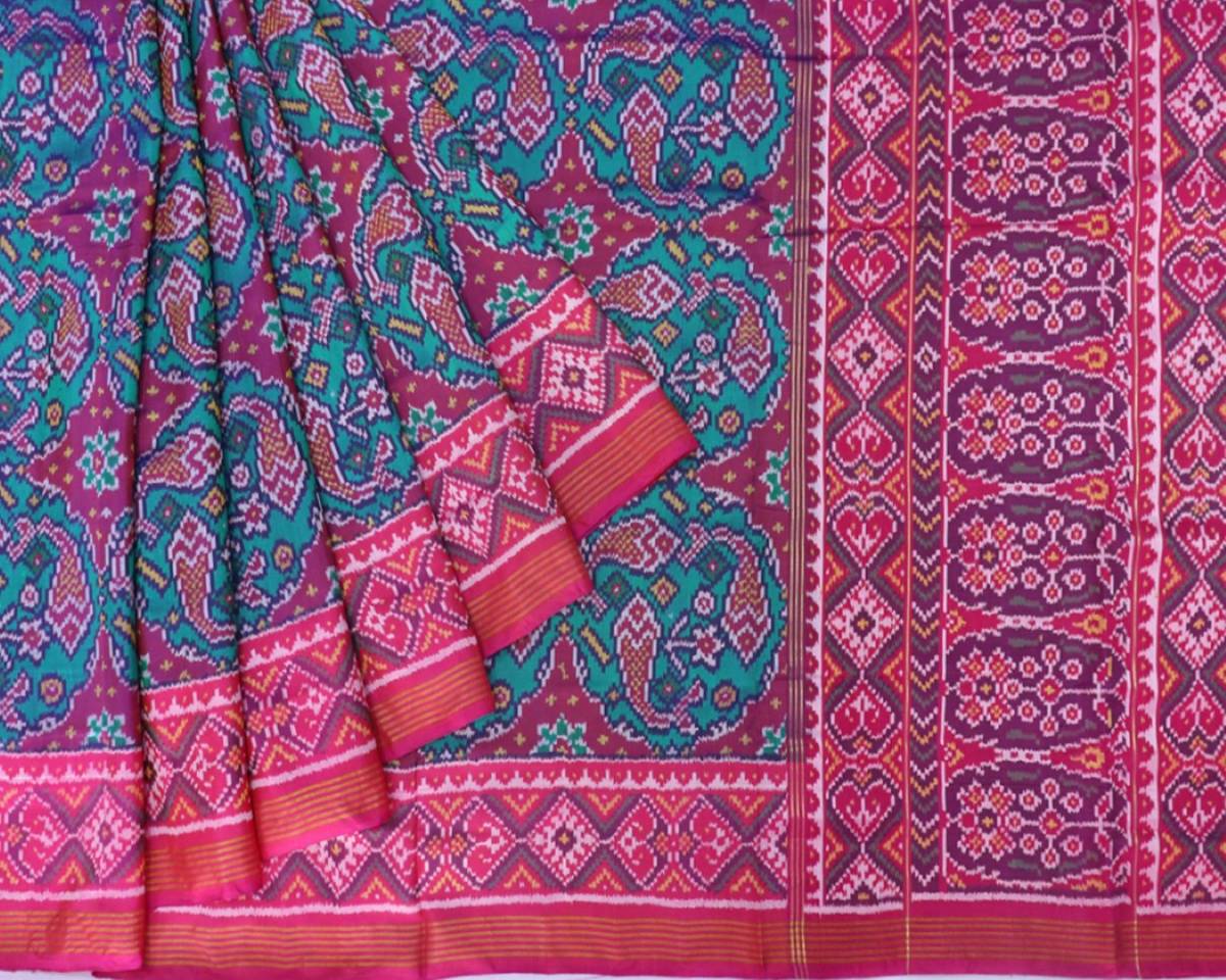 Pink and firozi blue fish design patola saree - SindhoiPatolaArt