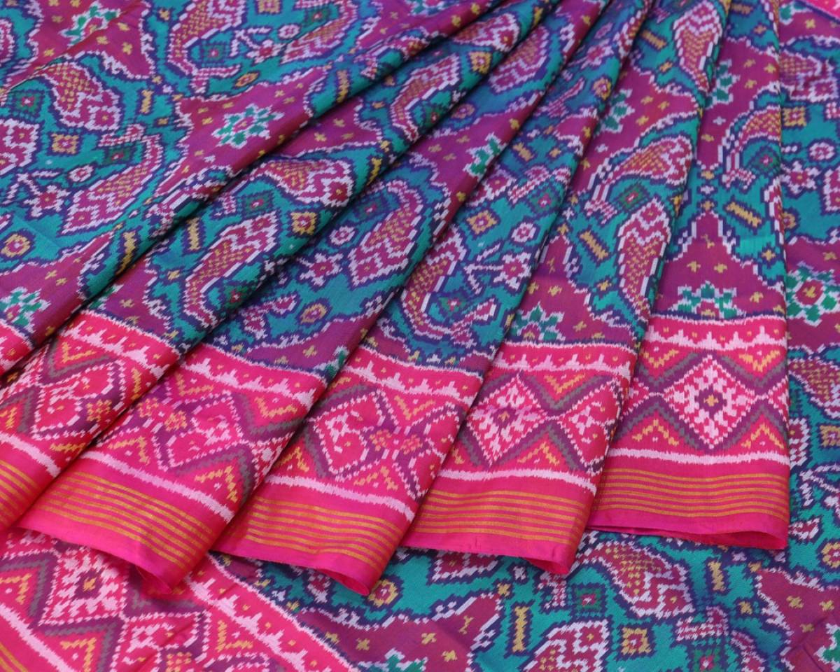 Pink and firozi blue fish design patola saree - SindhoiPatolaArt