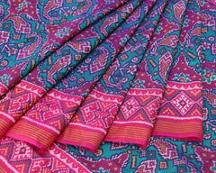 Pink and firozi blue fish design patola saree - SindhoiPatolaArt