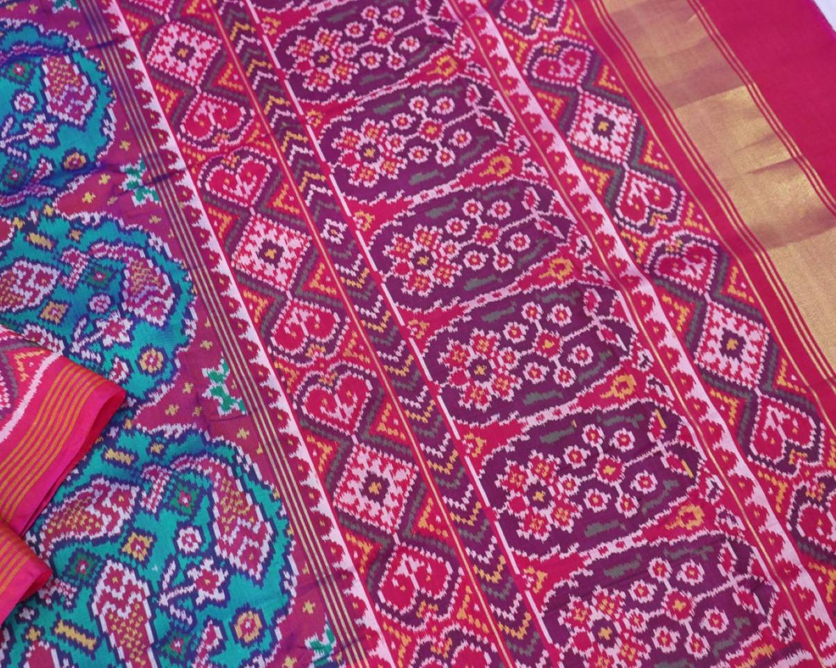 Pink and firozi blue fish design patola saree - SindhoiPatolaArt