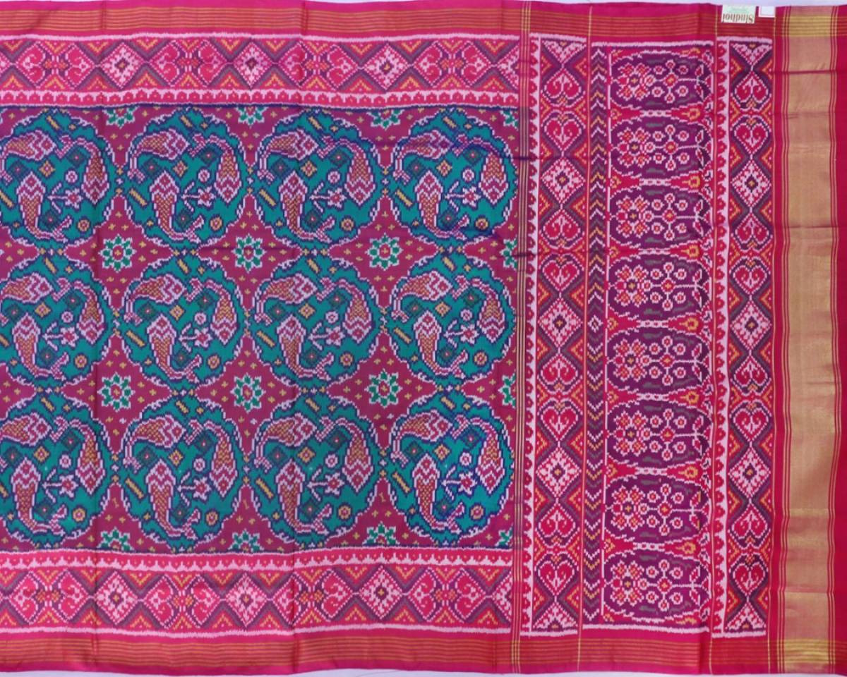 Pink and firozi blue fish design patola saree - SindhoiPatolaArt