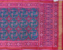 Pink and firozi blue fish design patola saree - SindhoiPatolaArt