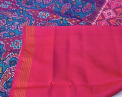 Pink and firozi blue fish design patola saree - SindhoiPatolaArt