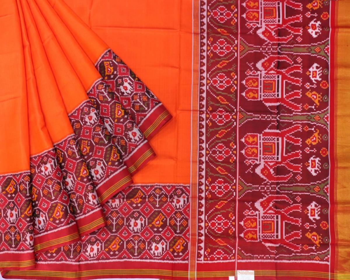 Red and orange scurt border patola saree - SindhoiPatolaArt