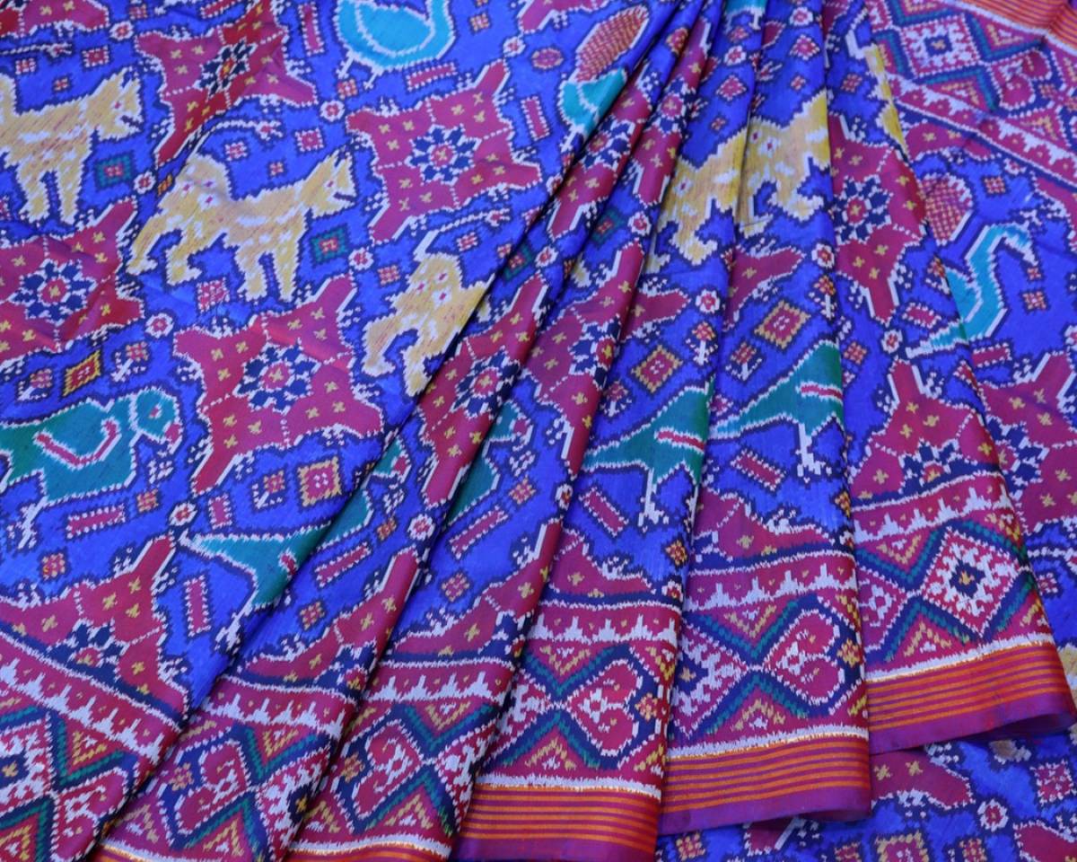 Blue and magenta chhabadi figure design patola saree - SindhoiPatolaArt