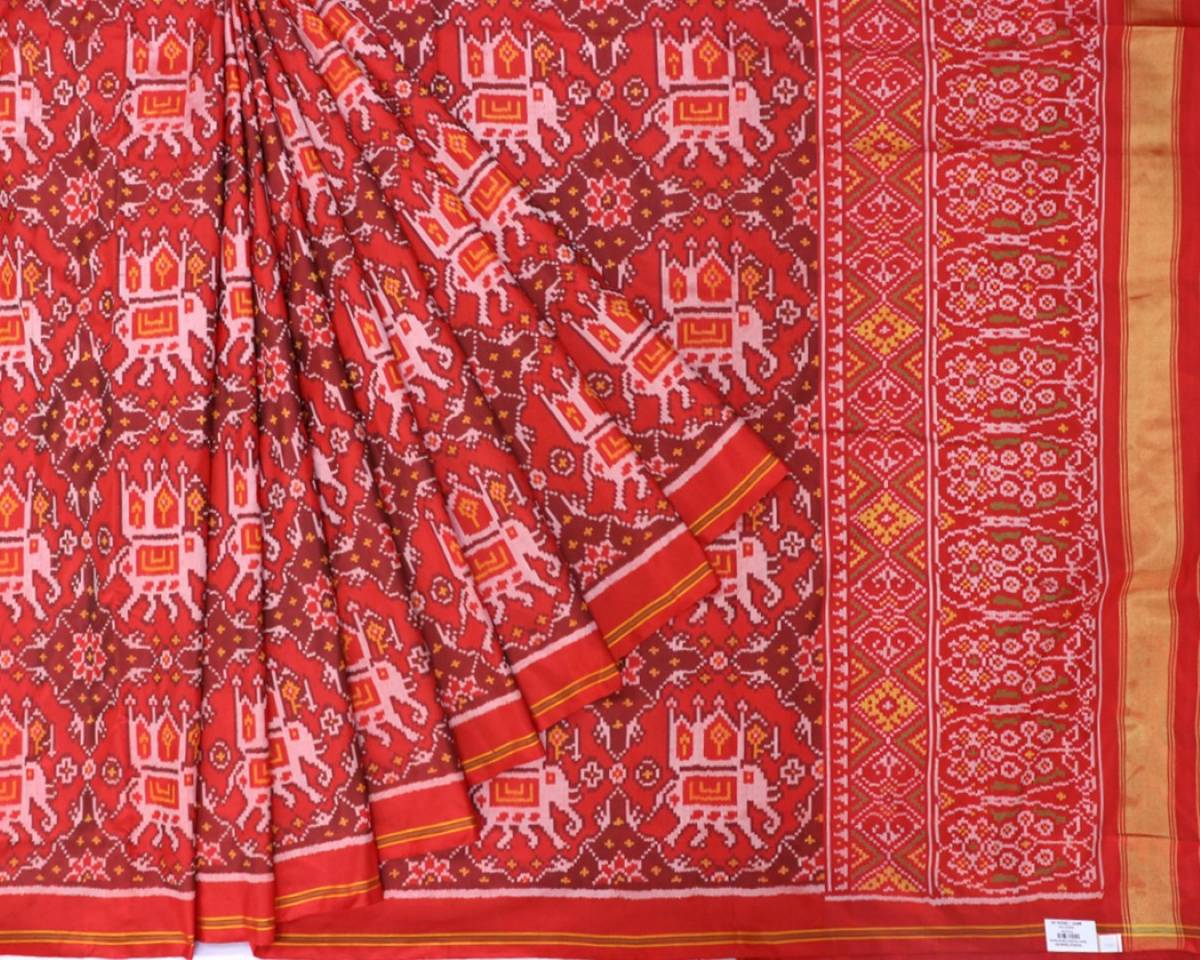 Red and maroon chhabadi hathi design patola saree - SindhoiPatolaArt