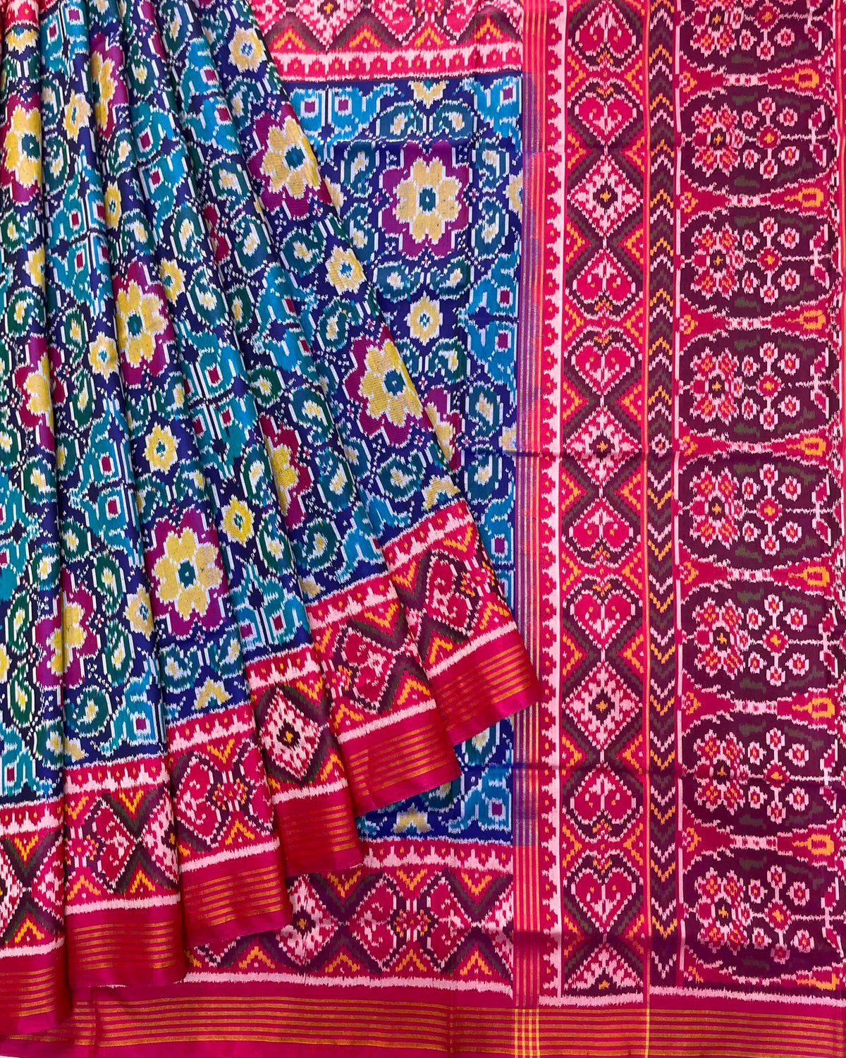 Pink & Blue Fulkari Designer Patola Saree