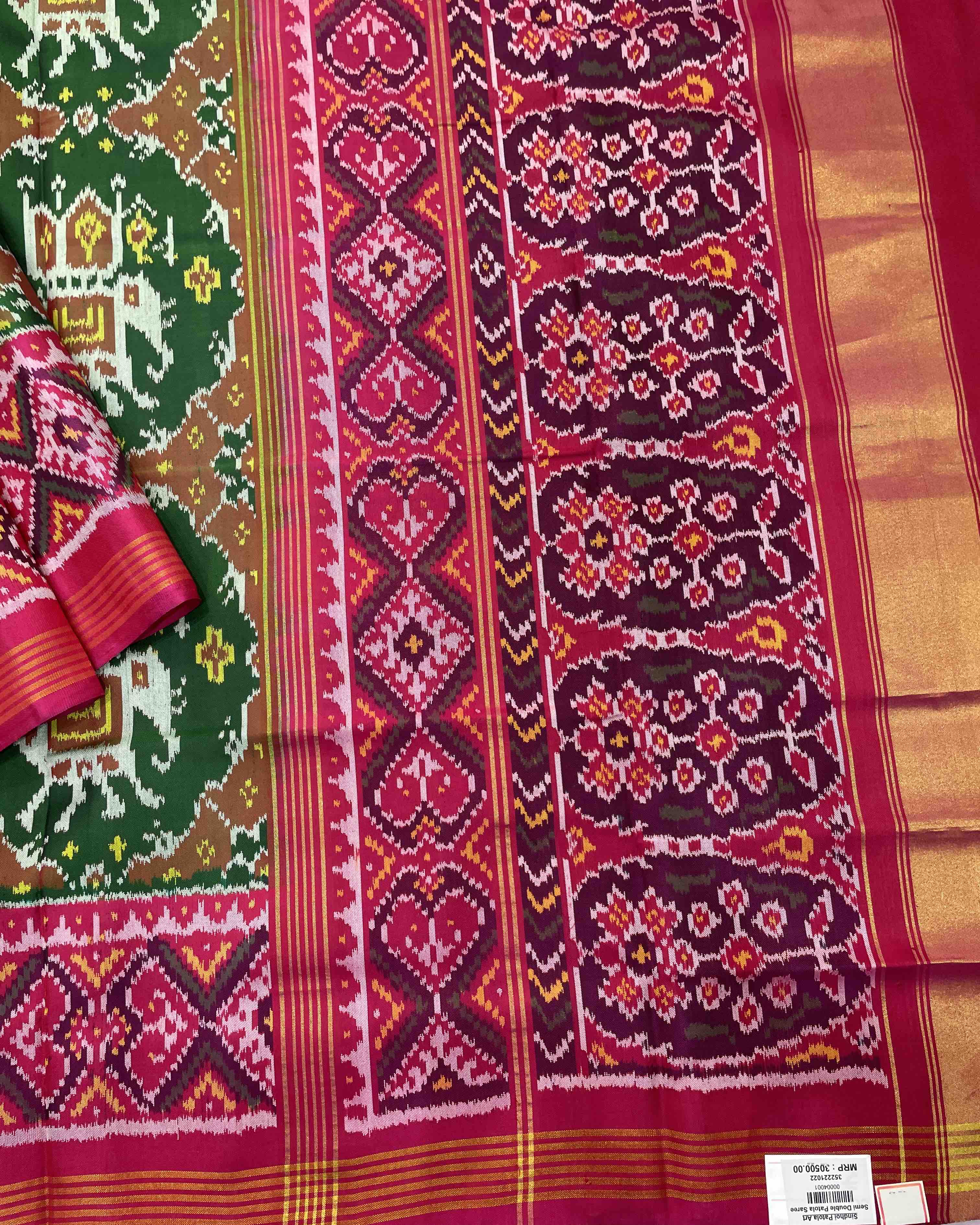Pink & Green Elephant Chhabdi Traditional Designer Patola Saree