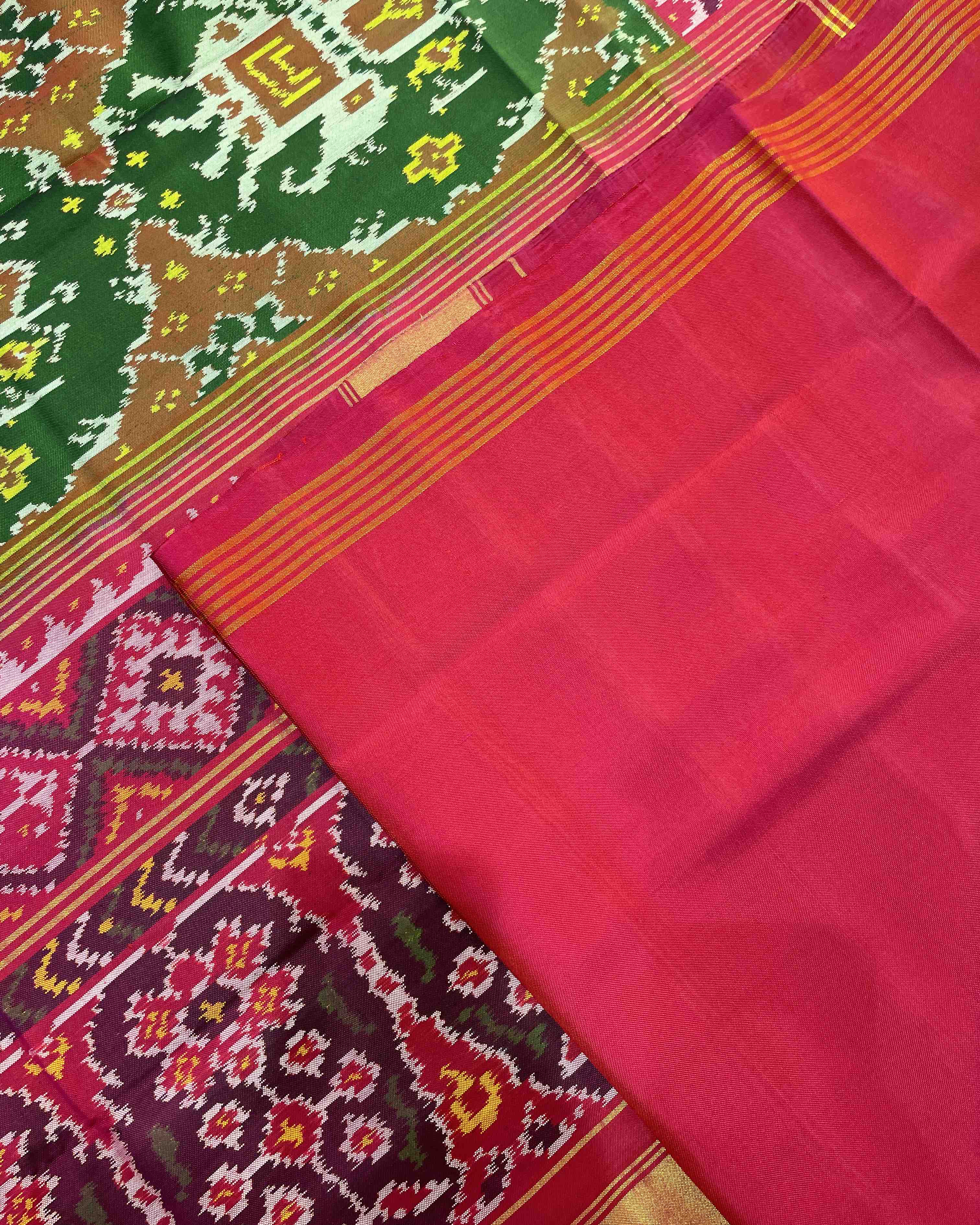Pink & Green Elephant Chhabdi Traditional Designer Patola Saree