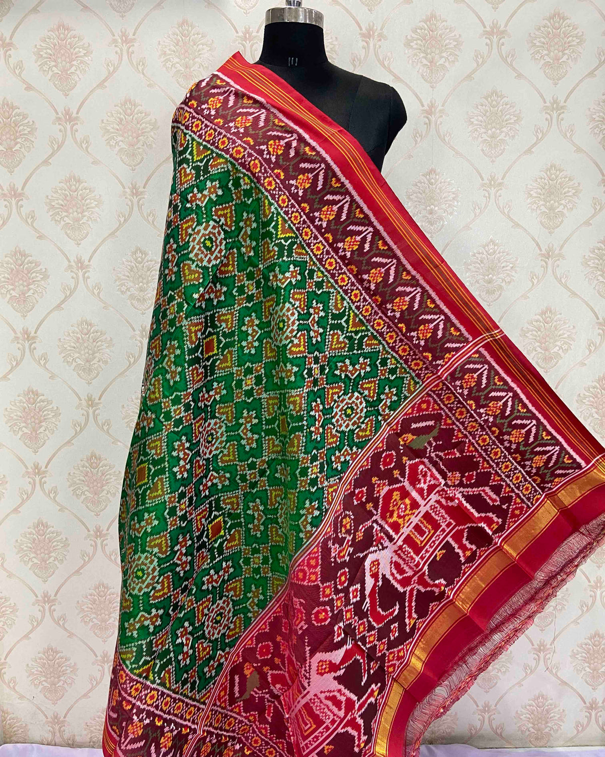 Red & Green Navratan Designer Patola Dupatta