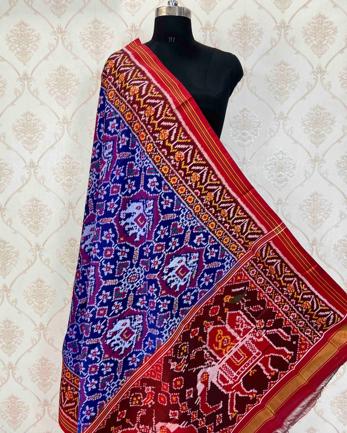 Red & Blue Manekchowk With Elephant Designer Patola Dupatta