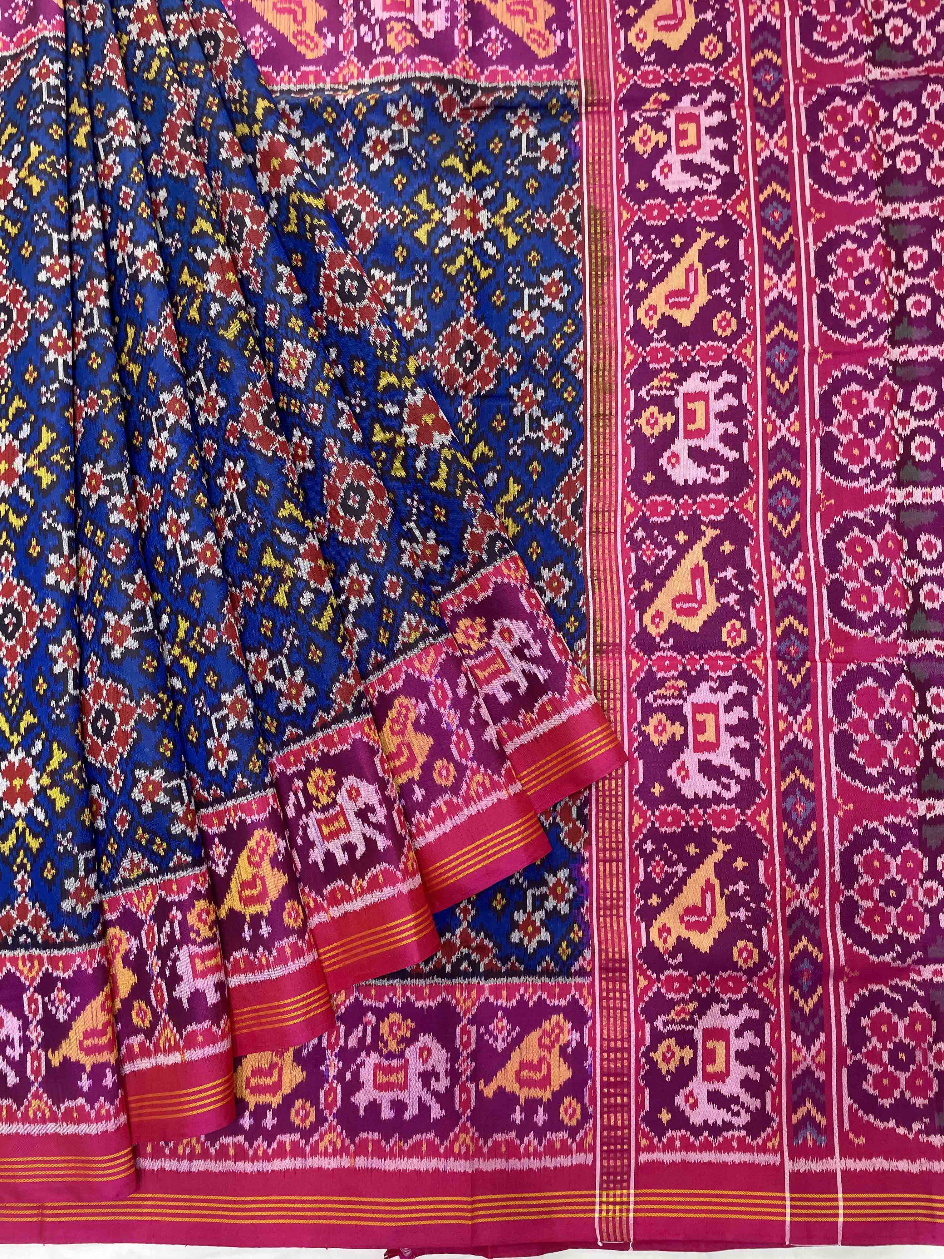 Pink & Blue Navratan with Hathi Papat Border Designer Patola Saree