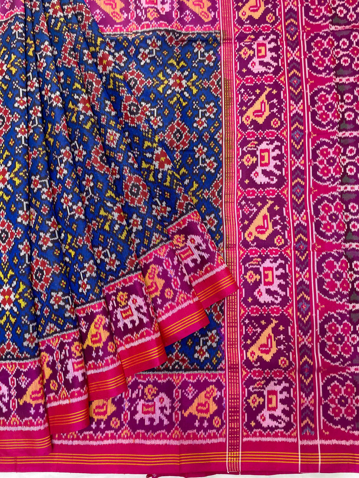 Pink & Blue Navratan with Hathi Papat Border Designer Patola Saree