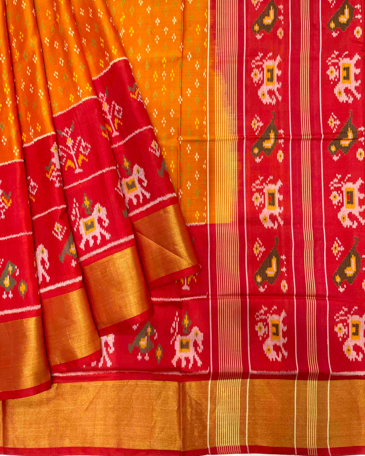 Red & Golden Doted With Narikunj Scut Border And Pallu Designer Patola Saree