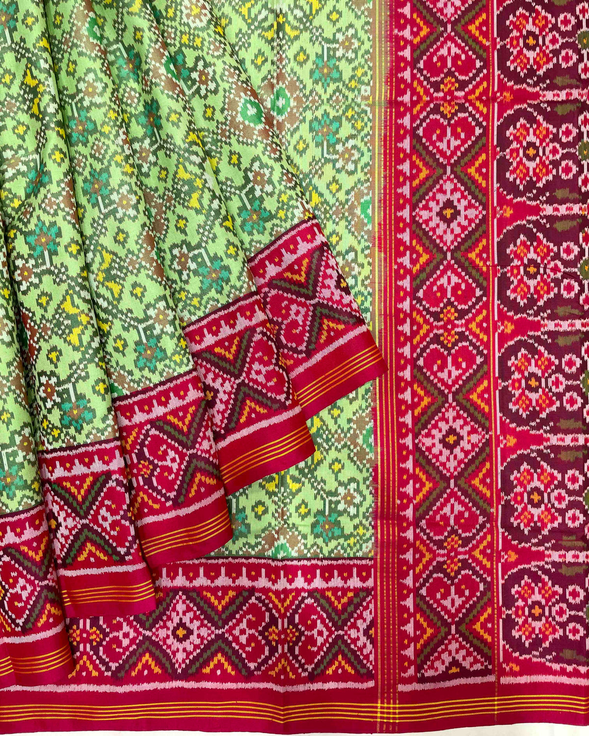 Red & Pista Green Navratan Designer Patola Saree