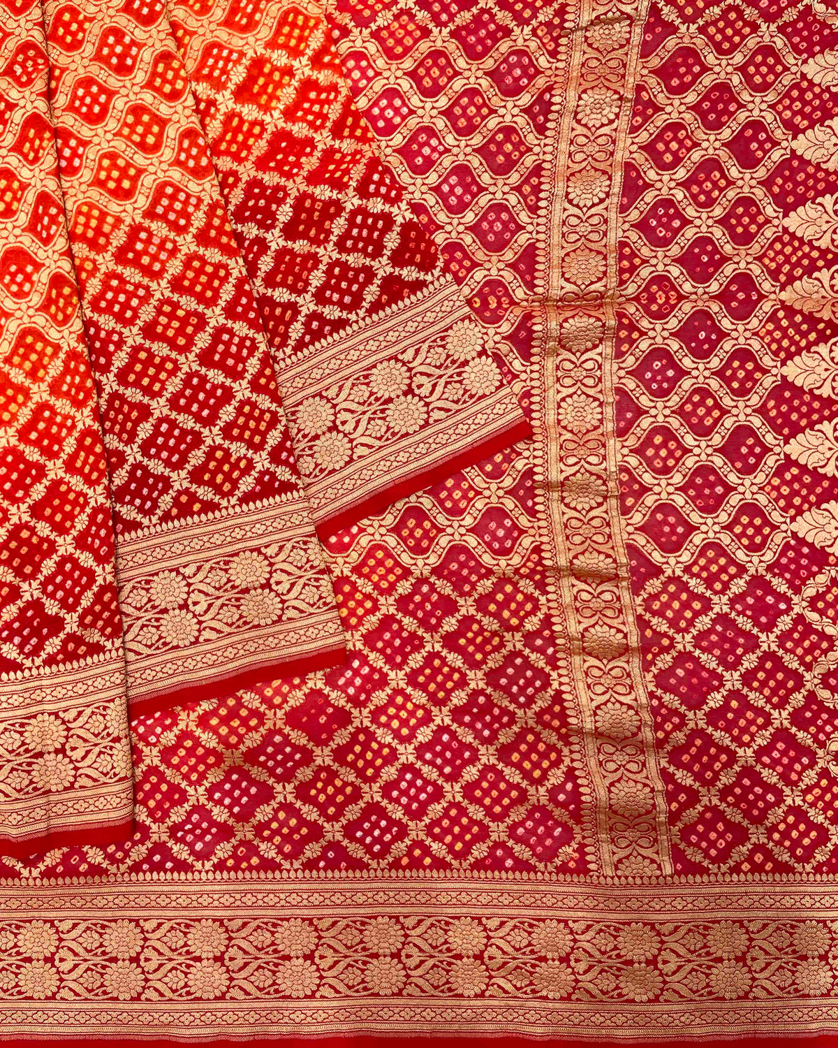 Red & Orange Banarasi Georgette Bandhani Saree