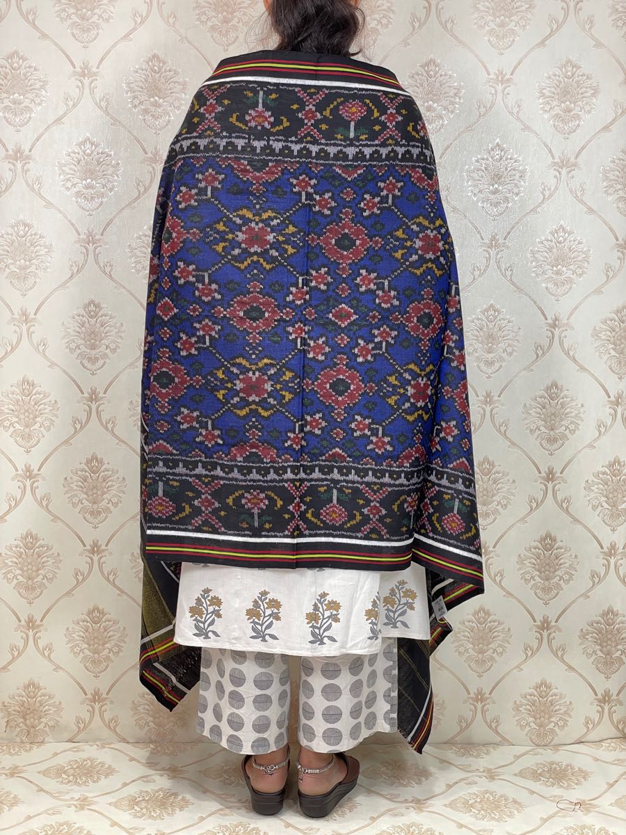 Black & Blue Patola woolen shawl - SindhoiPatolaArt