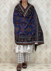 Black & Blue Patola woolen shawl - SindhoiPatolaArt