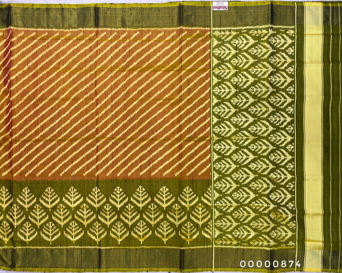 Raw silk mahendi green and rust orenge laheriya with scurt border patola saree - SindhoiPatolaArt