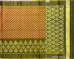 Raw silk mahendi green and rust orenge laheriya with scurt border patola saree - SindhoiPatolaArt
