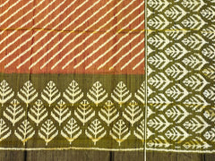 Raw silk mahendi green and rust orenge laheriya with scurt border patola saree - SindhoiPatolaArt