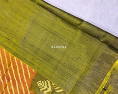 Raw silk mahendi green and rust orenge laheriya with scurt border patola saree - SindhoiPatolaArt