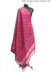 Semi double Ikat Dupatta with Traditional Manekchowk  design in pink colour - SindhoiPatolaArt