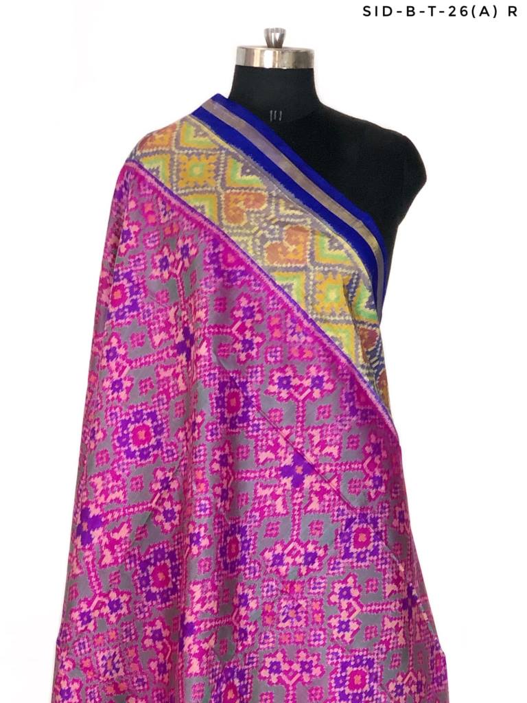 Pink and green with blue pallu Patola Dupatta with Navratna design - SindhoiPatolaArt