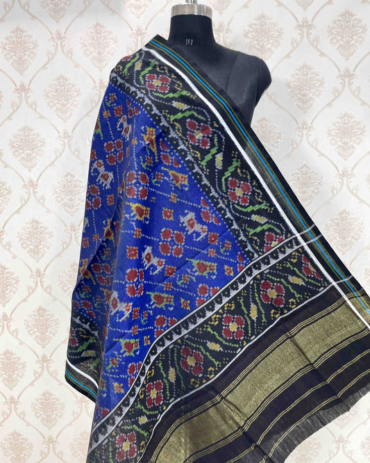 Black & Blue Narikunj Flower Patola Shawl - SindhoiPatolaArt