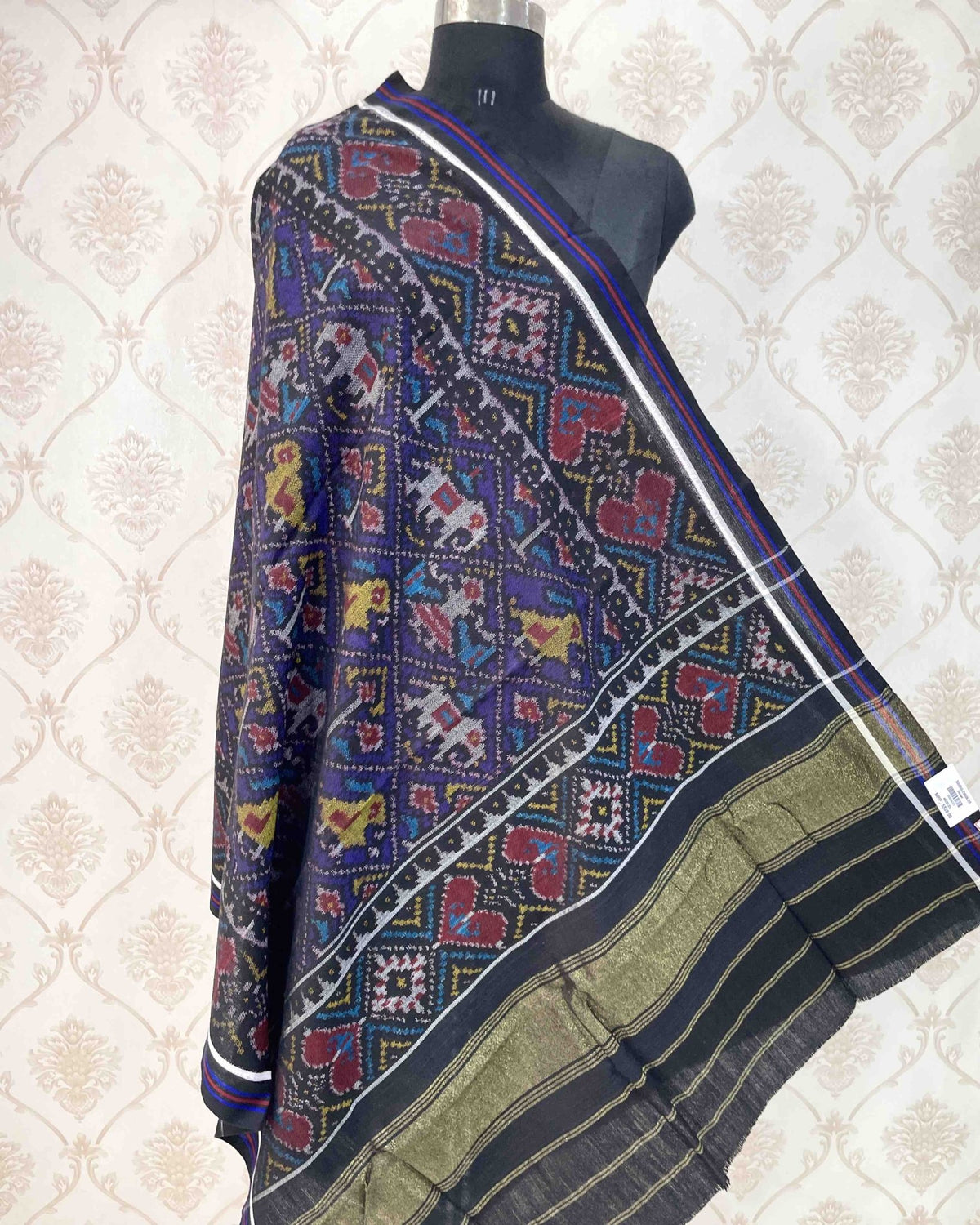 Black & Blue Narikunj Patola Shawl - SindhoiPatolaArt