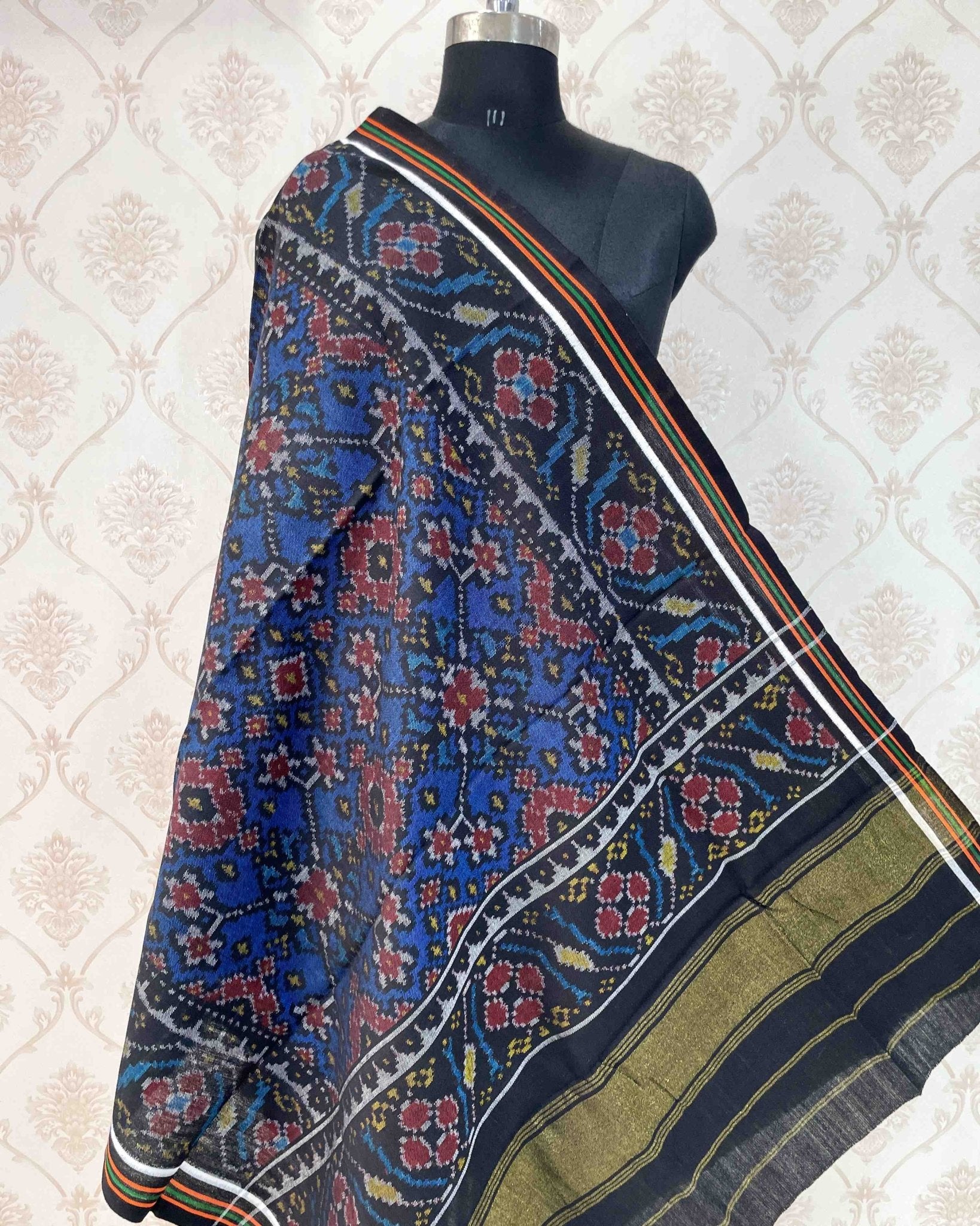Black & Blue Navratan Patola Shawl - SindhoiPatolaArt