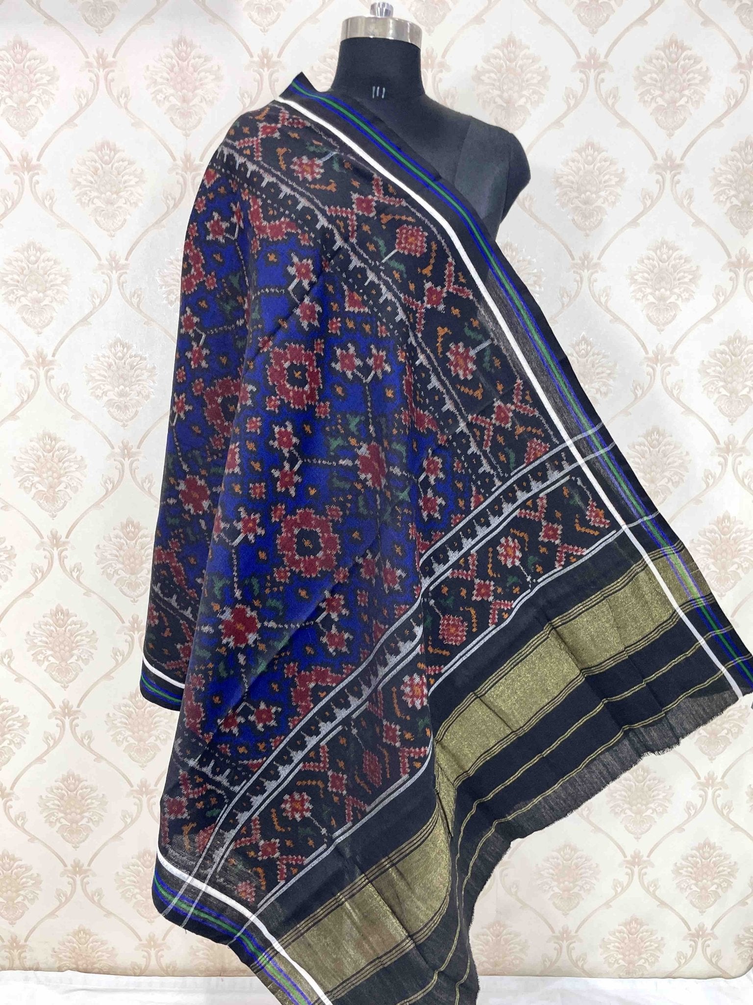 Black & Blue Navratan Patola Shawl - SindhoiPatolaArt
