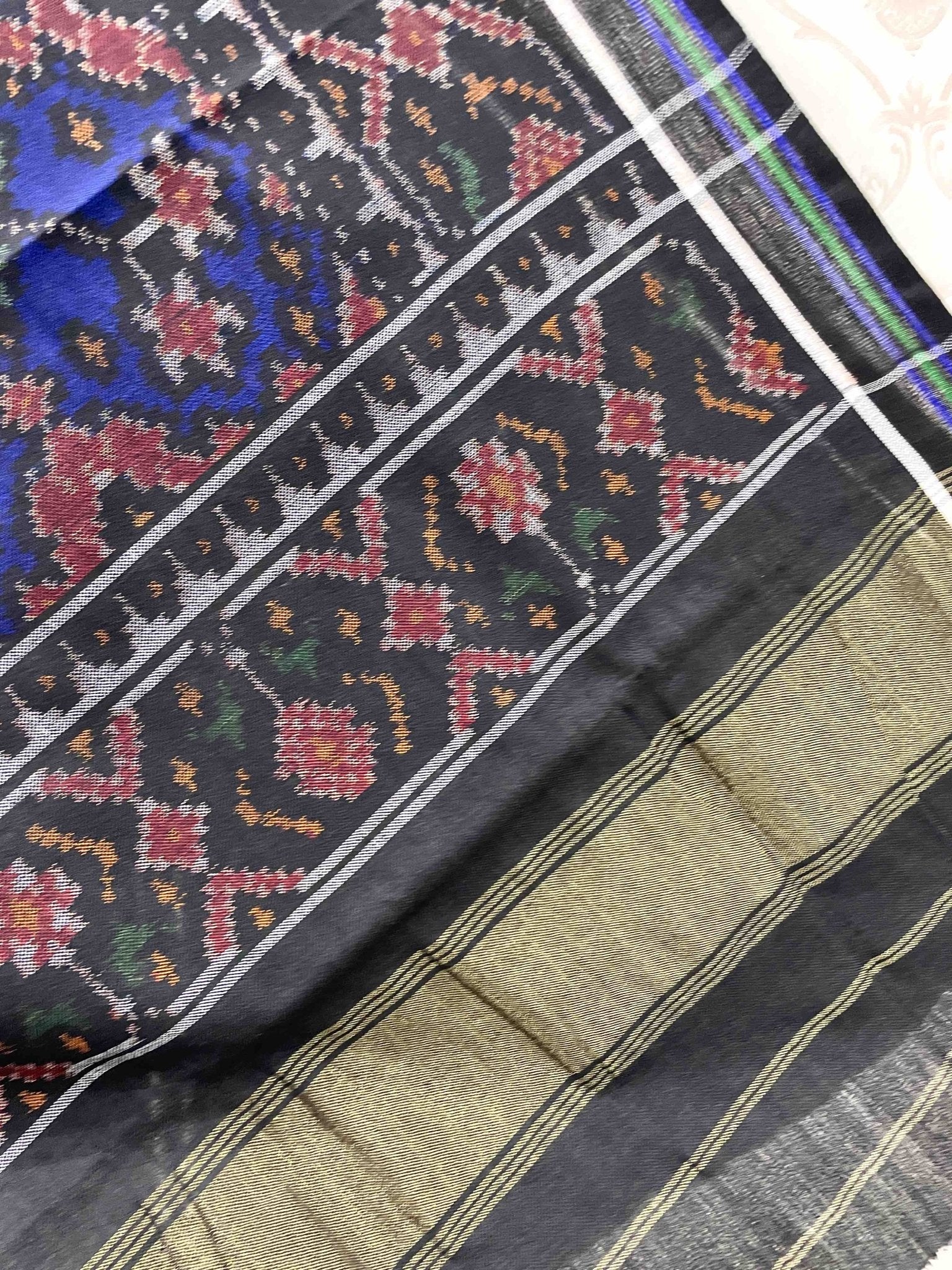 Black & Blue Navratan Patola Shawl - SindhoiPatolaArt