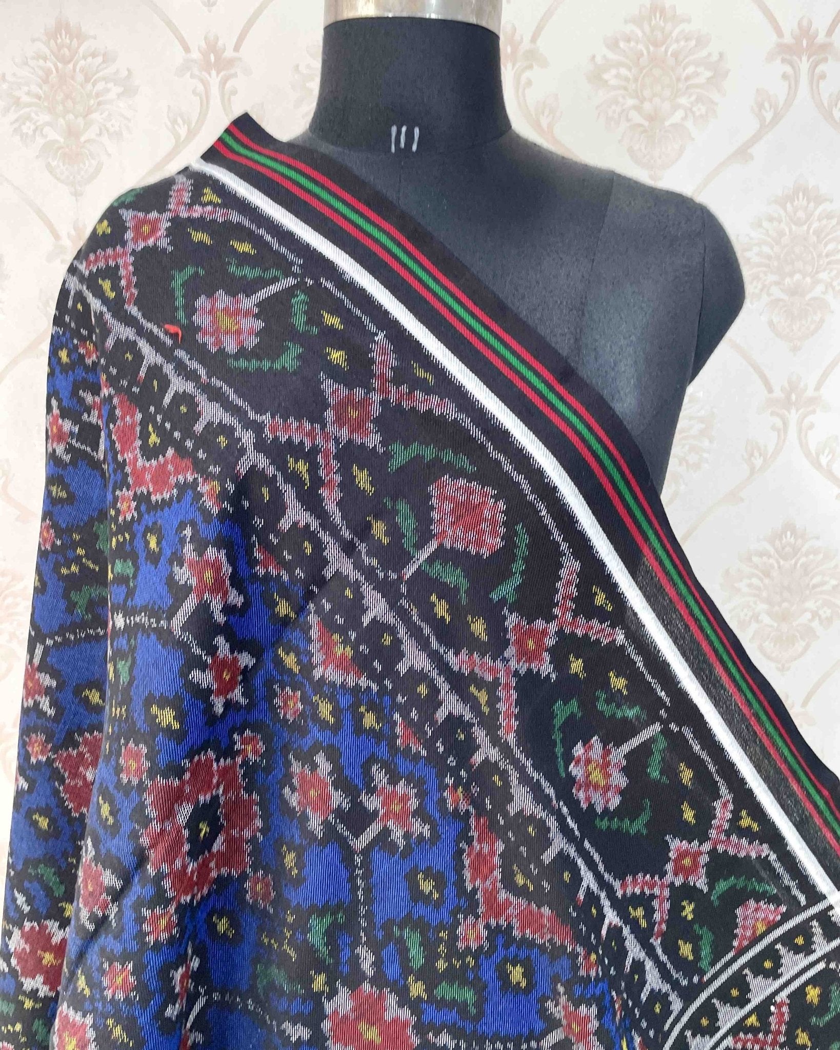 Black & Blue Navratan Patola Shawl - SindhoiPatolaArt