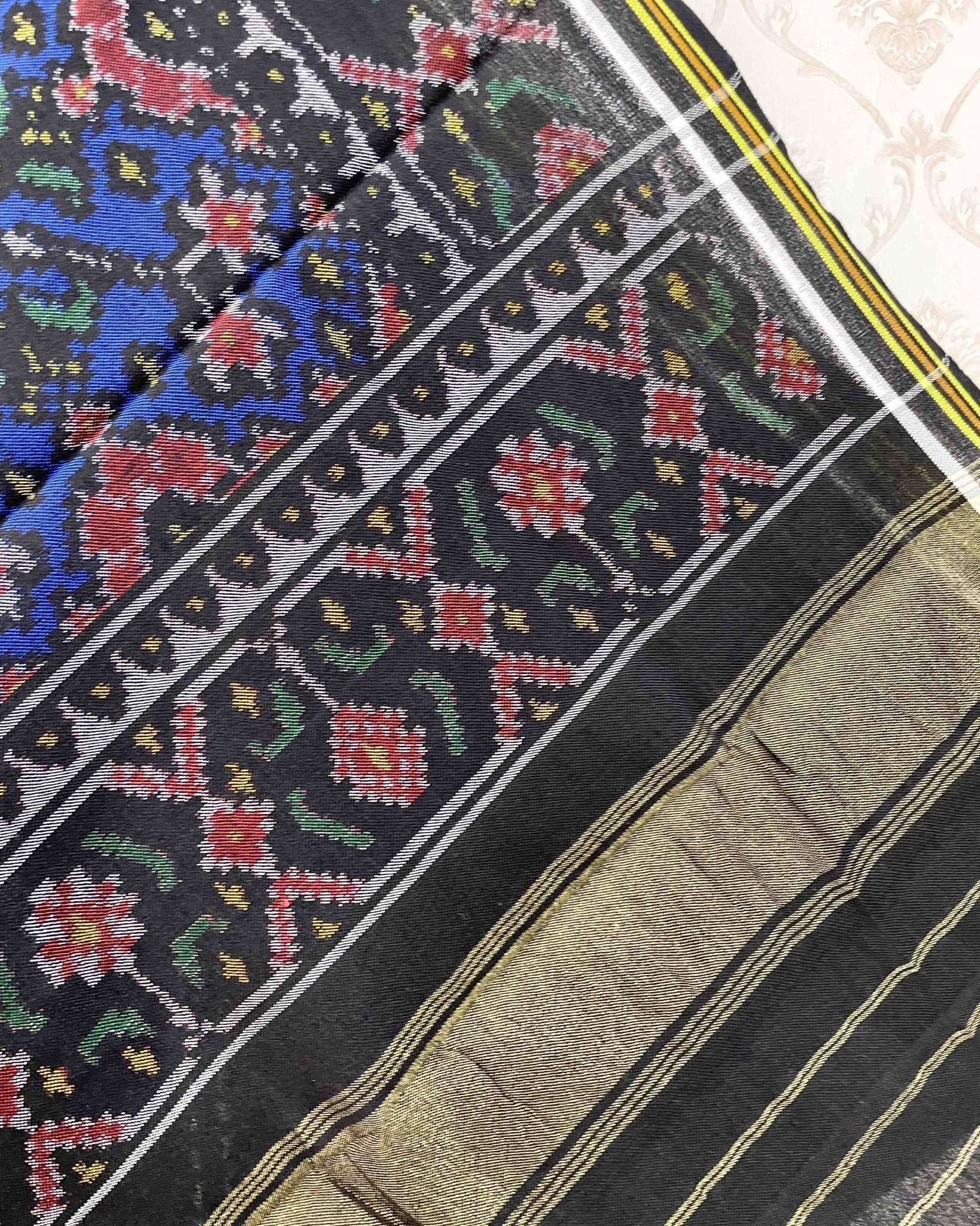 Black & Blue Navratan Patola Shawl - SindhoiPatolaArt