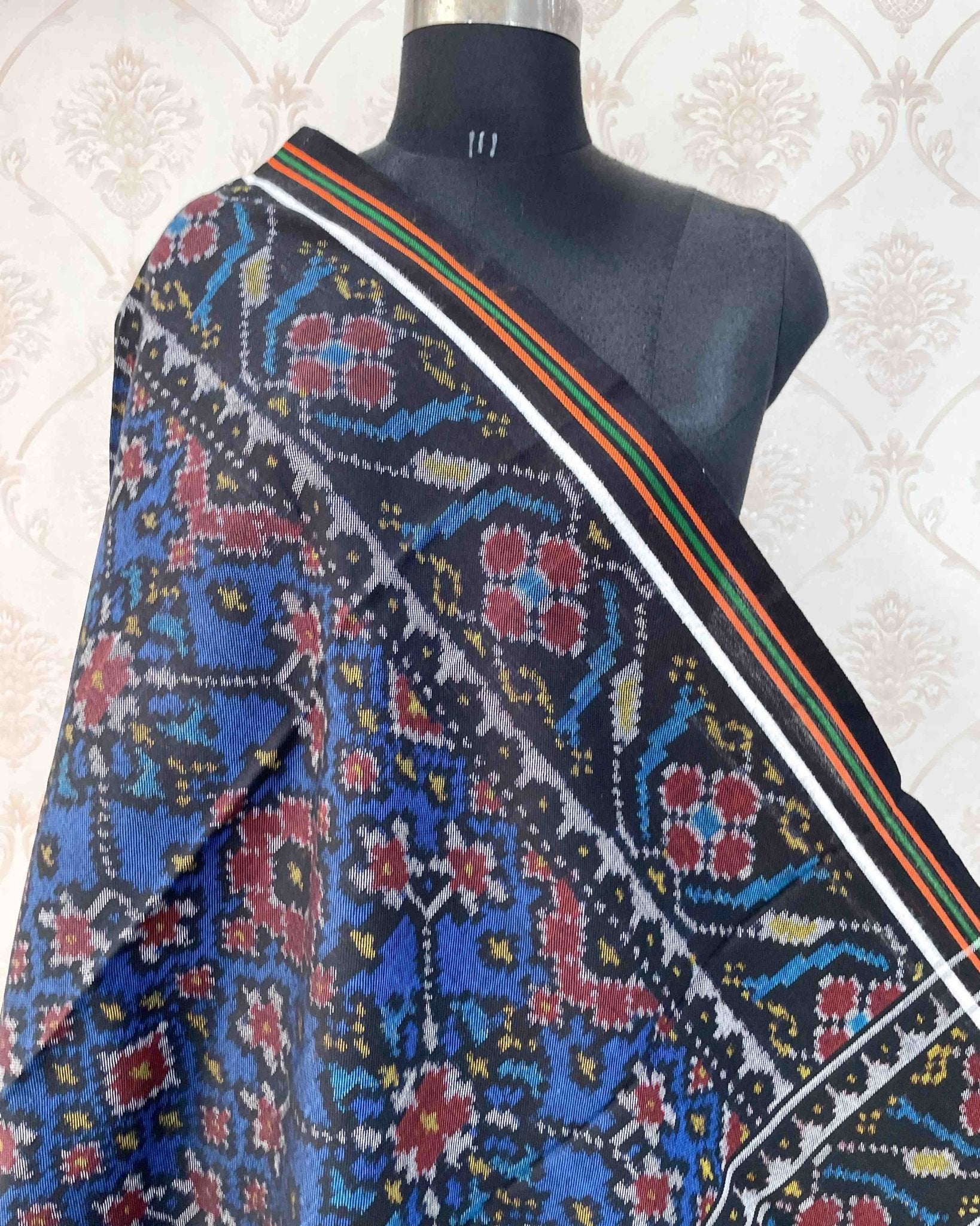 Black & Blue Navratan Patola Shawl - SindhoiPatolaArt