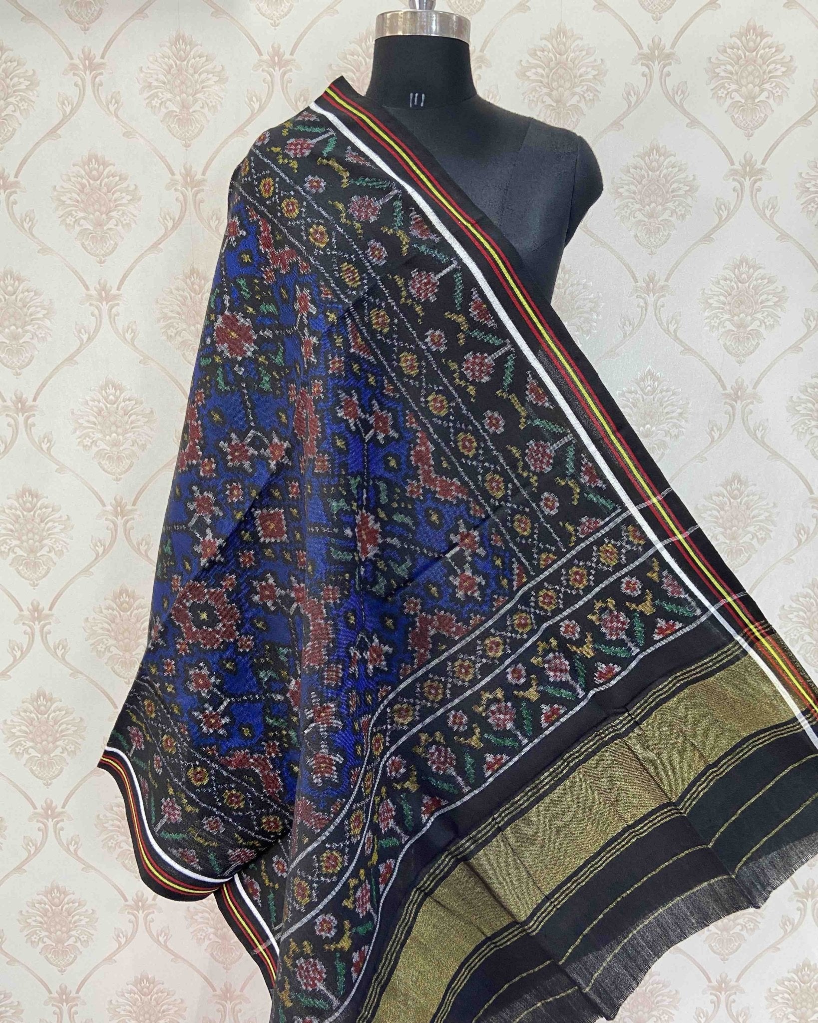 Black & Blue Navratan Patola Shawl - SindhoiPatolaArt
