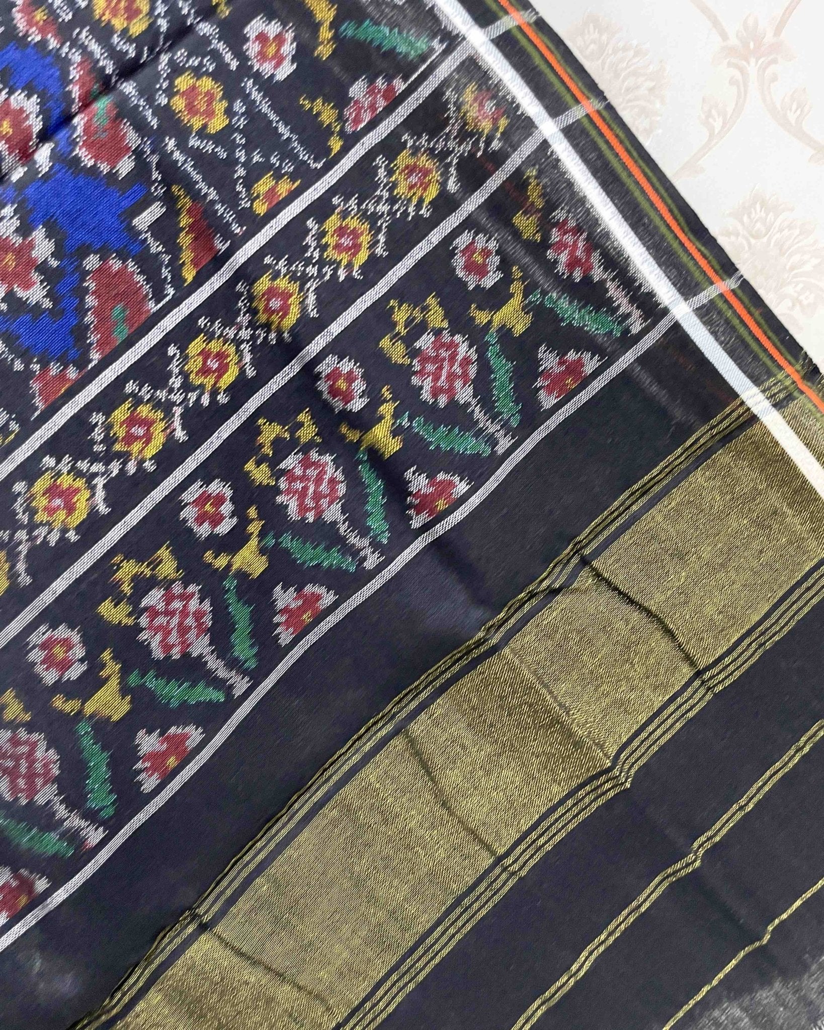 Black & Blue Navratan Patola Shawl - SindhoiPatolaArt