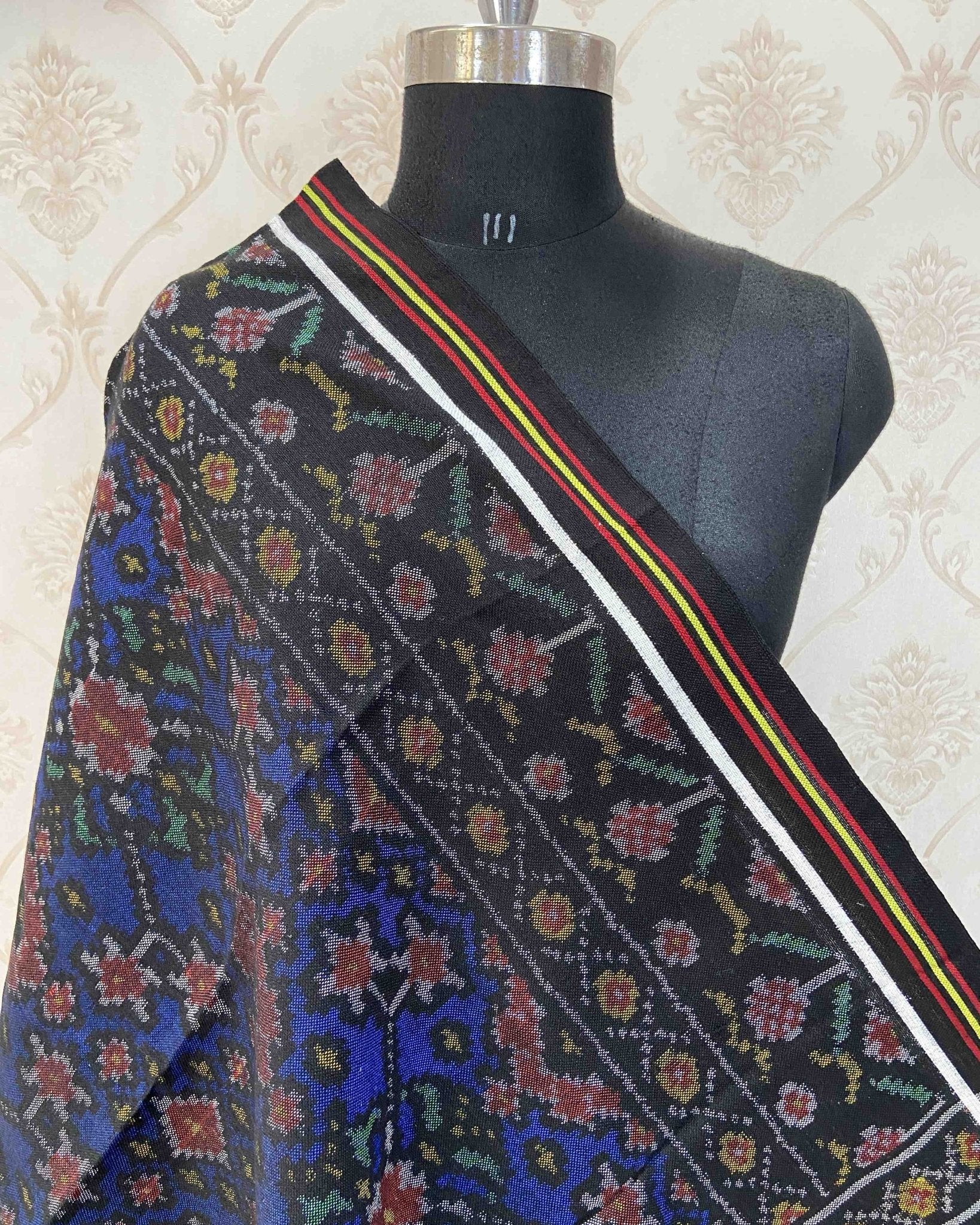 Black & Blue Navratan Patola Shawl - SindhoiPatolaArt