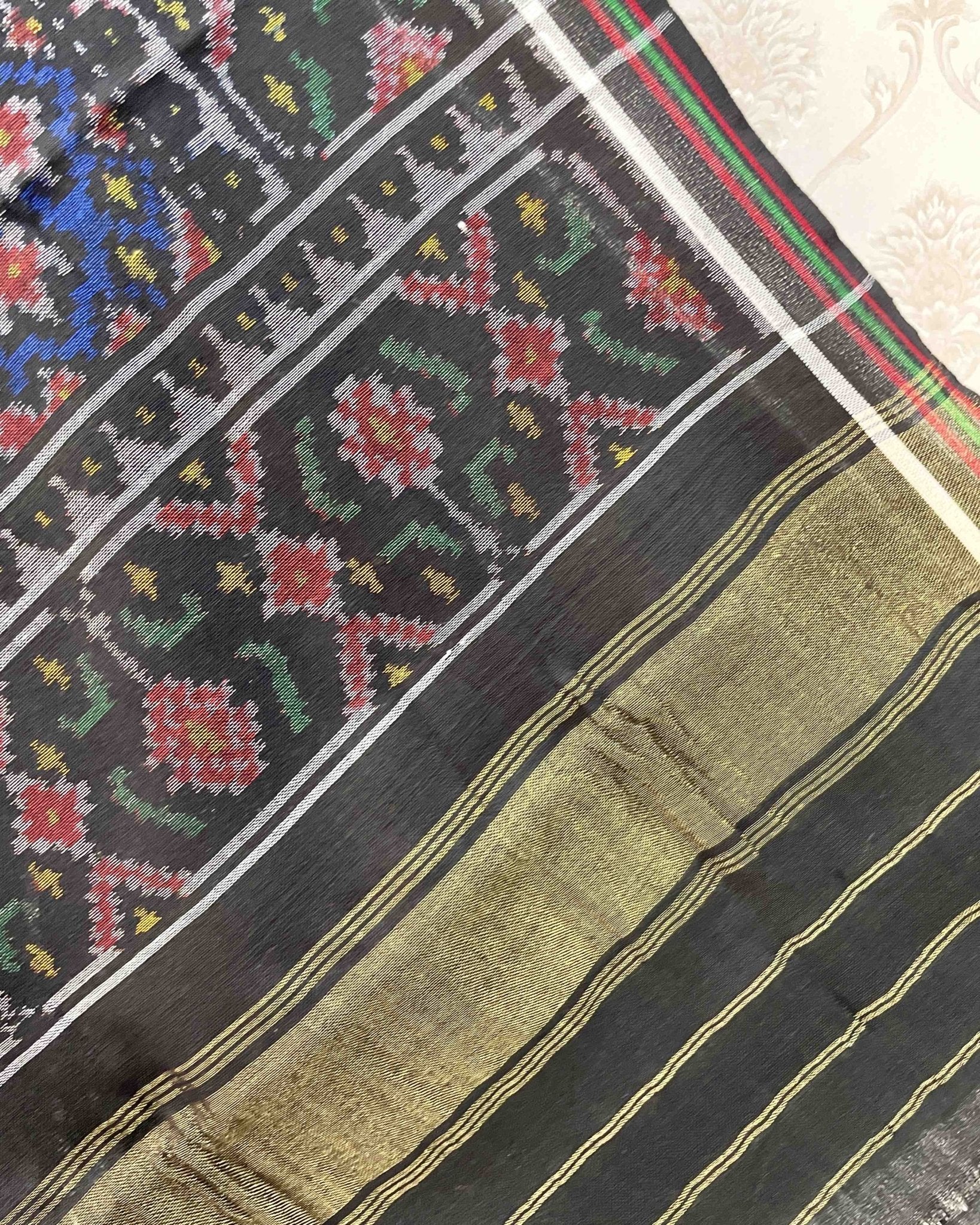 Black & Blue Navratan Patola Shawl - SindhoiPatolaArt