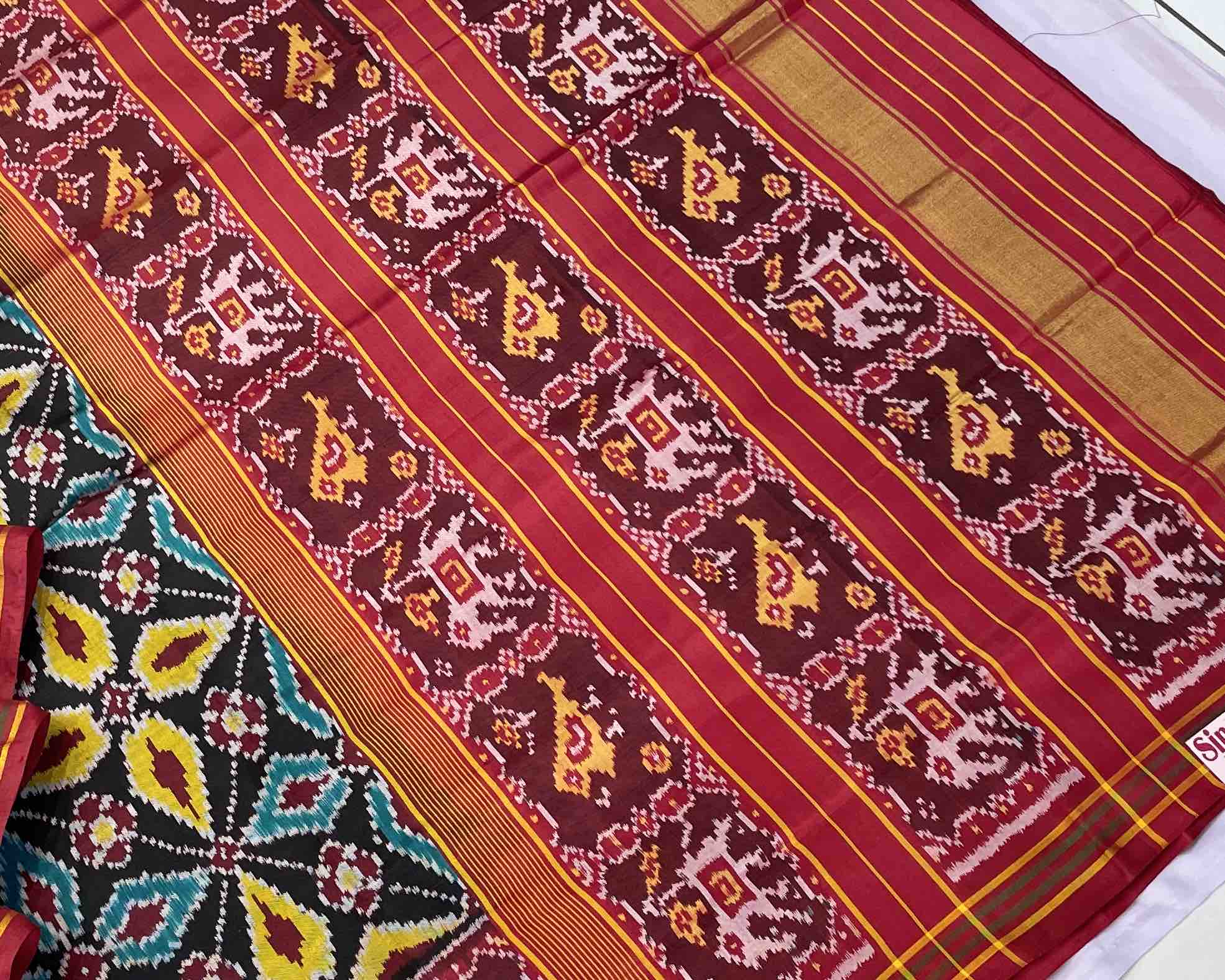 black new fancy design with traditional red narikunj pallu patola saree - SindhoiPatolaArt