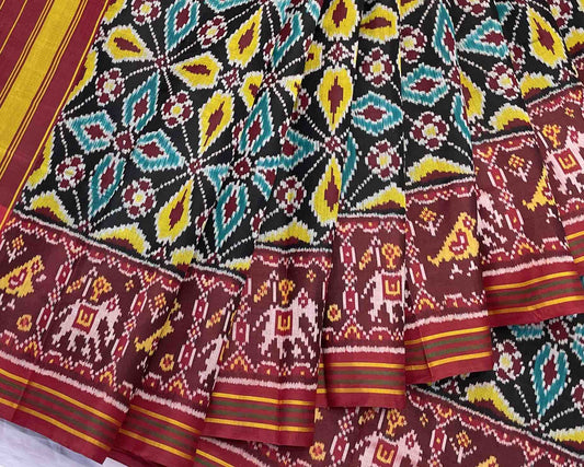 black new fancy design with traditional red narikunj pallu patola saree - SindhoiPatolaArt
