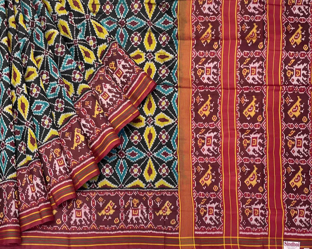 black new fancy design with traditional red narikunj pallu patola saree - SindhoiPatolaArt