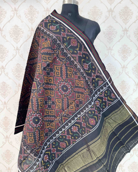 Black & Orange Manekchowk Patola Shawl - SindhoiPatolaArt