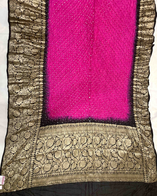 Black & Pink Kanjivaram Bandhani Saree - SindhoiPatolaArt