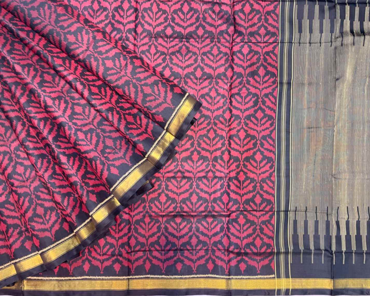 Black & Red Leaves Designer Patola - SindhoiPatolaArt