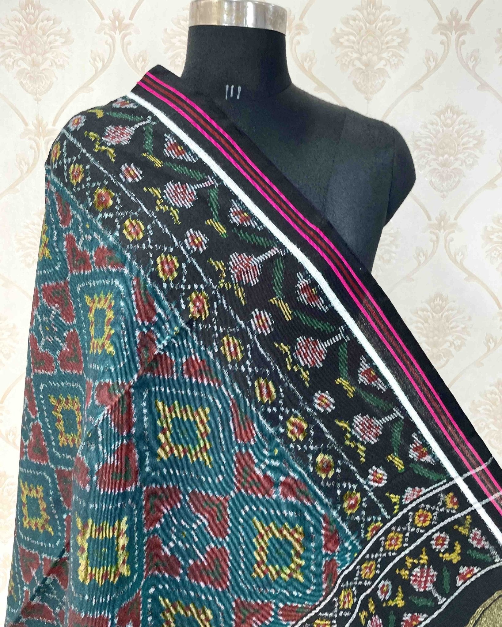 Black & Turquoise Panchanda Patola Shawl - SindhoiPatolaArt